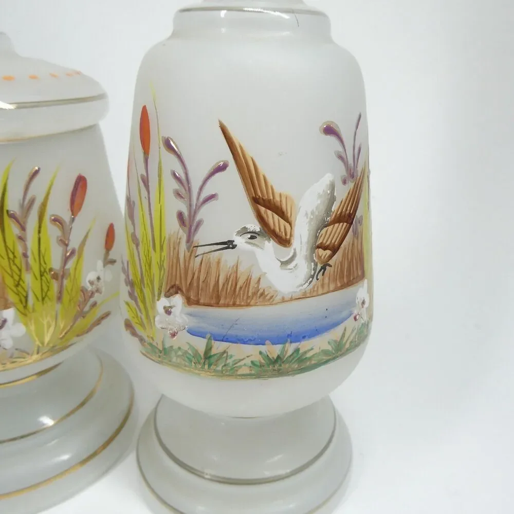 Handpainted Ducks Birds Frosted Glass Decanter Jar Candle Holder Vintage
